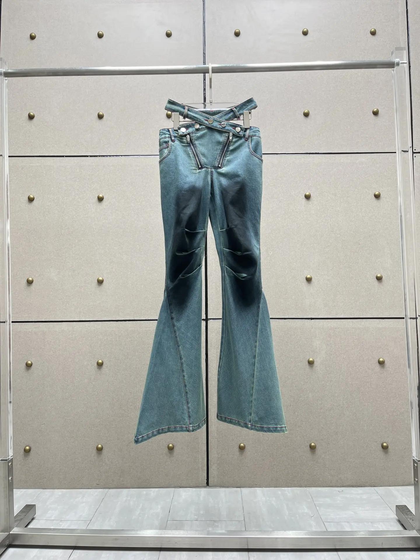 2023SS High Quality Fashion Spring/Summer Fashion Design Sense Waist Hollow out Jeans Womens High Waist Slim Fit Fla